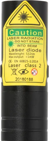 Groene laserpen G2 Pro – close-up van het waarschuwingslabel met de laserklasse