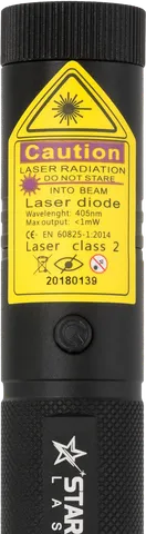 Violette laserpen V1 Pro – close-up van het waarschuwingslabel met de laserklasse