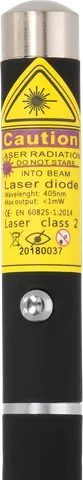 Violette laserpen Z1 – close-up van het waarschuwingslabel met de laserklasse