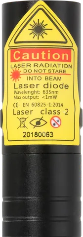 Rode laserpen R2 Pro – close-up van het waarschuwingslabel met de laserklasse